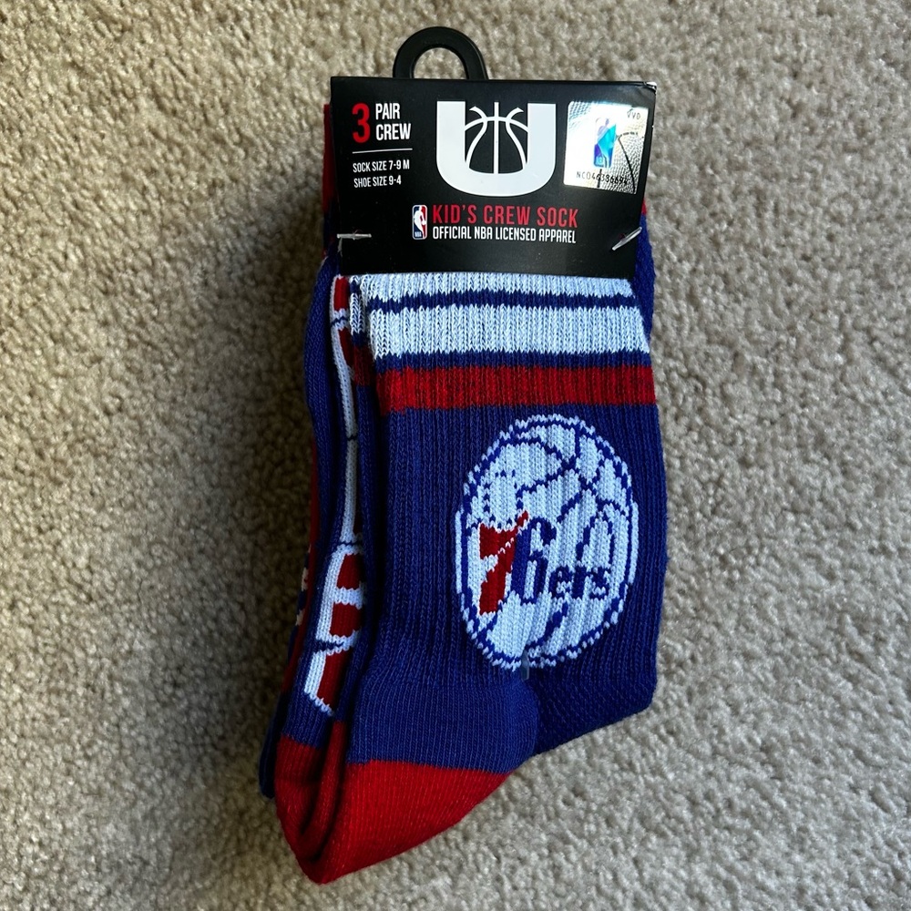 NWT Philadelphia 76ers NBA Kids Crew Socks 3 Pair Pack Shoe Size 9-4 Sock 7-9M